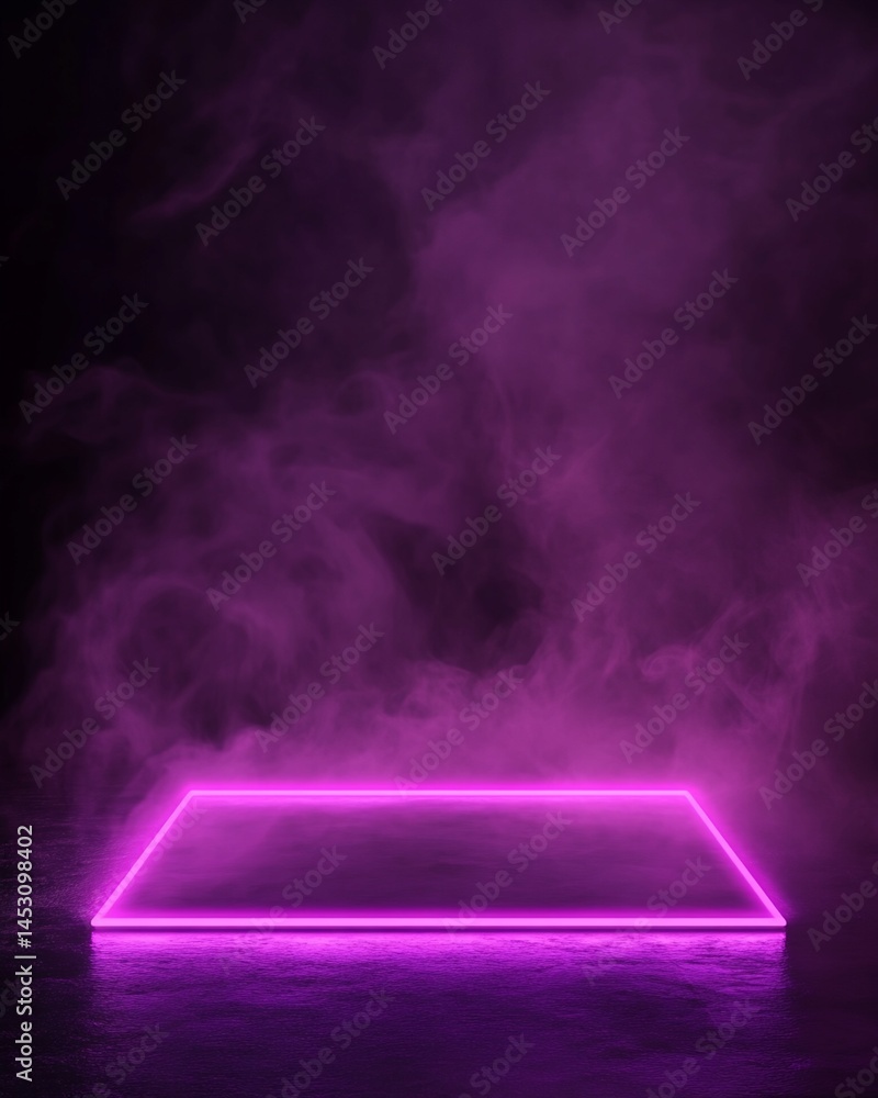 Poster digital rendering: illuminated rectangular frame in purple smoke