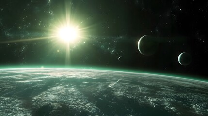 Obraz premium Solar System with Aurora Borealis: The solar system as viewed from Earth’s orbit, with the aurora borealis glowing over the planet while other planets are visible in the distance. 