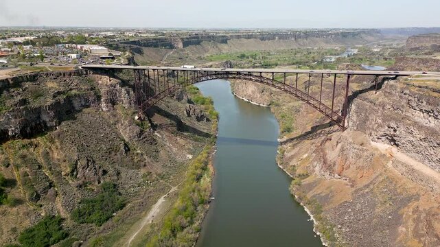 Aerial view of the Perrine Bridge in Twin Falls, Idaho looking down the snake river.