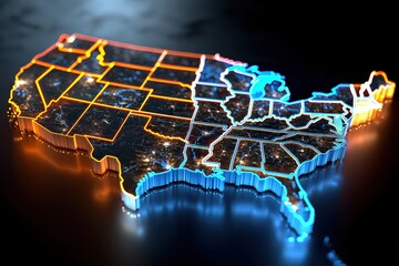 Futuristic neon map of the USA glowing brightly.
