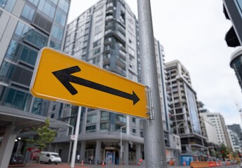 Urban scene with arrow traffic sign amidst tall buildings.
