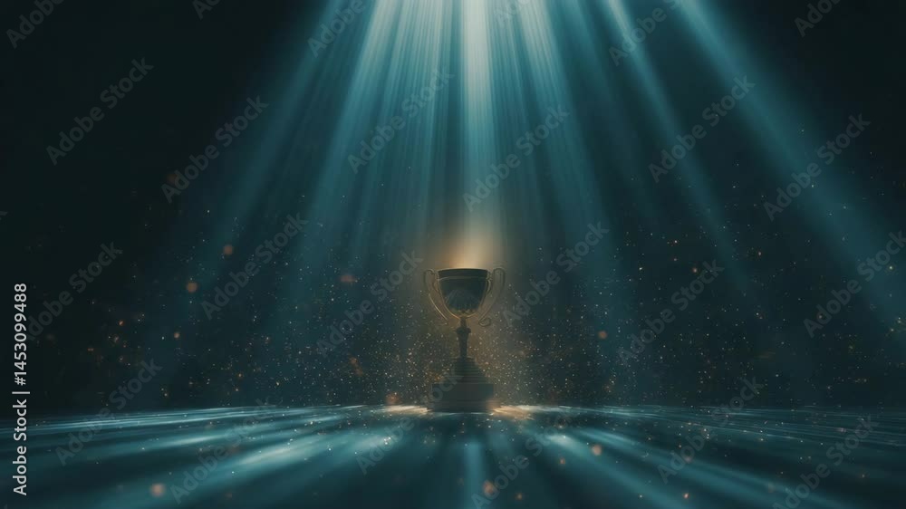 Aufkleber golden trophy illuminated by sparkling rays of light in a dark background with soft focus effects