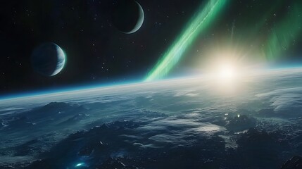 Obraz premium Solar System with Aurora Borealis: The solar system as viewed from Earth’s orbit, with the aurora borealis glowing over the planet while other planets are visible in the distance. 