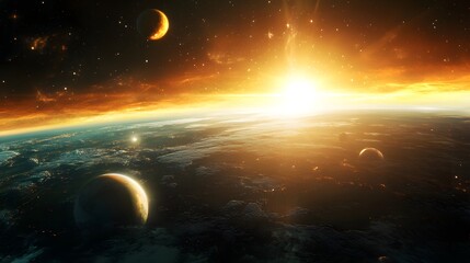 Obraz premium Solar System with Aurora Borealis: The solar system as viewed from Earth’s orbit, with the aurora borealis glowing over the planet while other planets are visible in the distance. 
