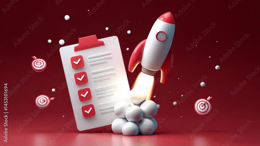 Aufkleber checklist for launching with rocket icon and particle effect in vibrant 4k background