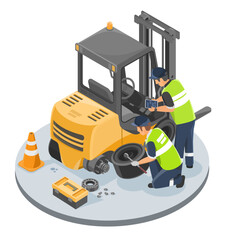 Two industrial technicians repairing a forklift wheel with safety equipment and tools on isolated platform during routine warehouse maintenance © AllahFoto