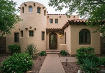 Fototapeta premium Exterior view of a southwestern home with a turret and landscaping