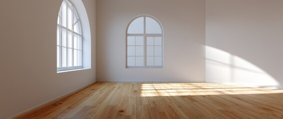 Fototapeta premium Sunlit room with arched windows and wooden flooring.