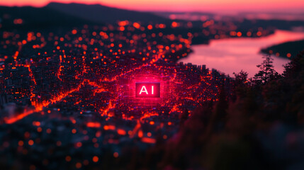 AI chip with the word "AI" on it surrounded by vibrant data streams symbolizes advanced processing power, rapid data processing, and the speed of light in technology