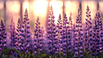 Fototapeta premium Beautiful field of purple flowers is bathed in the warm glow of the sun. The flowers are tall and slender, with delicate petals that seem to shimmer in the light. The scene is serene