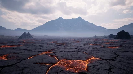 Fototapete A desolate landscape of cracked earth reveals glowing lava beneath a backdrop of distant misty mountains. © PixelPulse