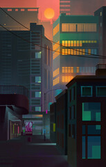 color drawing of an evening city street