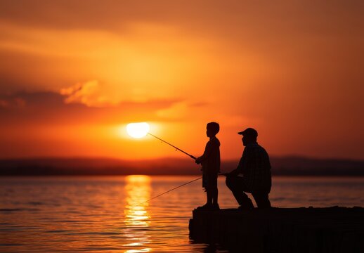 Silhouette of man and boy fishing at sunset by the calm lake.