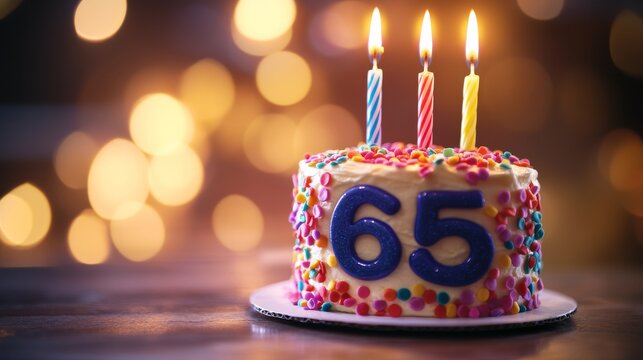 The main subject of the picture is a lit candle shaped like the number 65, sitting atop a birthday cake