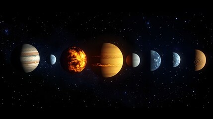 Fototapeta premium Solar System with Moons: The solar system with major moons of each planet visible, such as Titan orbiting Saturn and Europa near Jupiter. 
