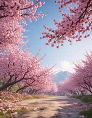 Fototapeta premium Delicate pink cherry blossoms frame a vibrant spring scene , soft, beautiful, cherry