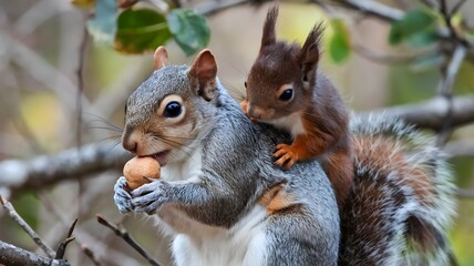Obraz premium Two squirrels on a tree branch, one eating a nut while the other is perched on its back.