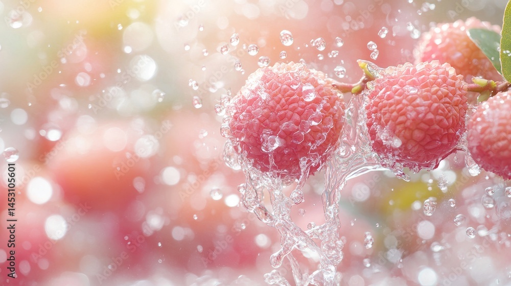 Poster vibrant lychees bursting with freshness are set against a soft pink backdrop, where cascading water 