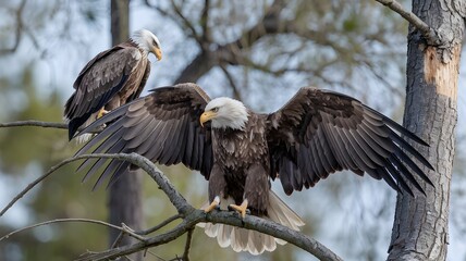 Fototapeta premium Majestic bald eagles perched in a tree, showcasing their powerful wings and sharp gaze