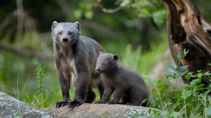 Obraz premium Wolverine and cub in the forest