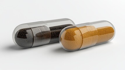 Isolated on white, two Herb powder capsules are captured in close-up, complete with a clipping path