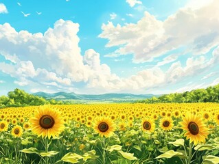 Obraz premium Vibrant yellow sunflower field under a bright blue sky with clouds.