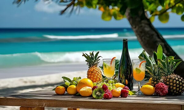 Exotic fruit and refreshing drinks on a tropical beach paradise setting