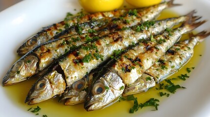 Grilled Sardines with Lemon: Succulent grilled sardines, glistening with olive oil and herbs, are artfully arranged on a plate, accompanied by lemon wedges, creating a vibrant culinary image.