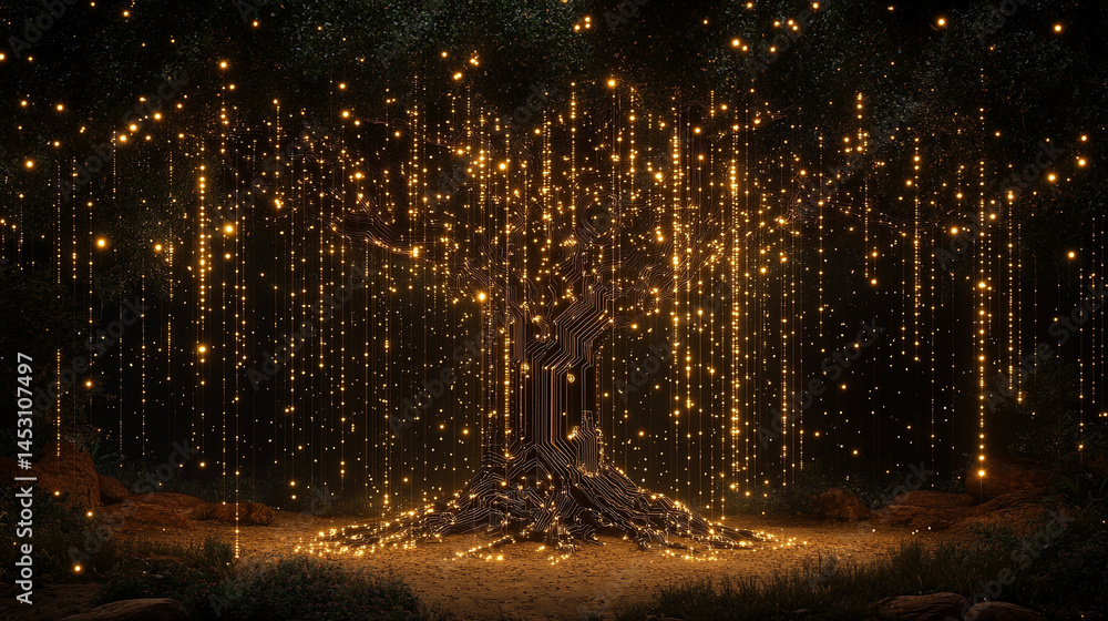 Poster a digital forest with an ai tree featuring circuit board connections, symbolizing the fusion of natu