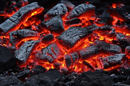 Close-up view of burning charcoal  Hot embers glow orange and red  Dark gray charcoal pieces are visible