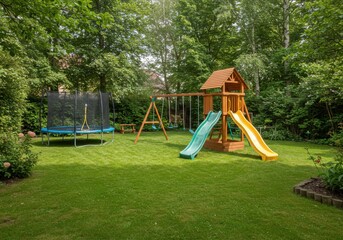 Backyard playground equipment with swingset and trampoline on lawn