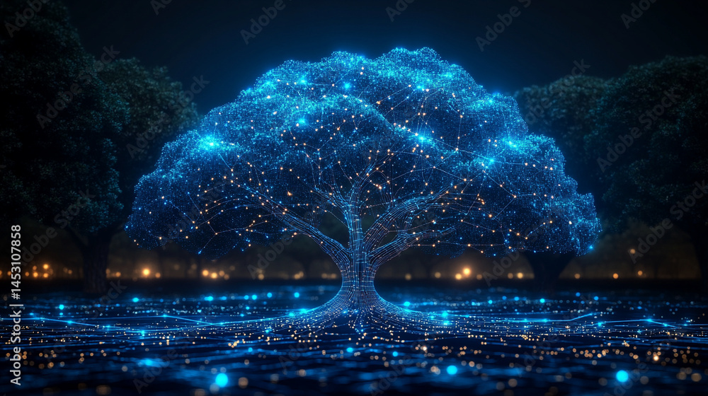 Poster a digital forest with an ai tree featuring circuit board connections, symbolizing the fusion of natu