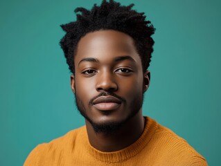 Obraz premium Portrait of young adult male with beard and mustache. Posed in front of bright green wall for modern, professional image.