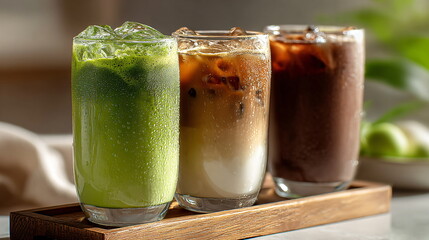 Fototapeta premium Three different iced coffee drinks, matcha latte, cold brew and iced latte, on wooden blocks on a counter. Refreshing summer beverage selection for cafe menu.