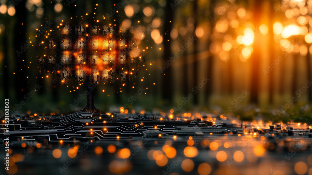 Poster a digital forest with an ai tree featuring circuit board connections, symbolizing the fusion of natu