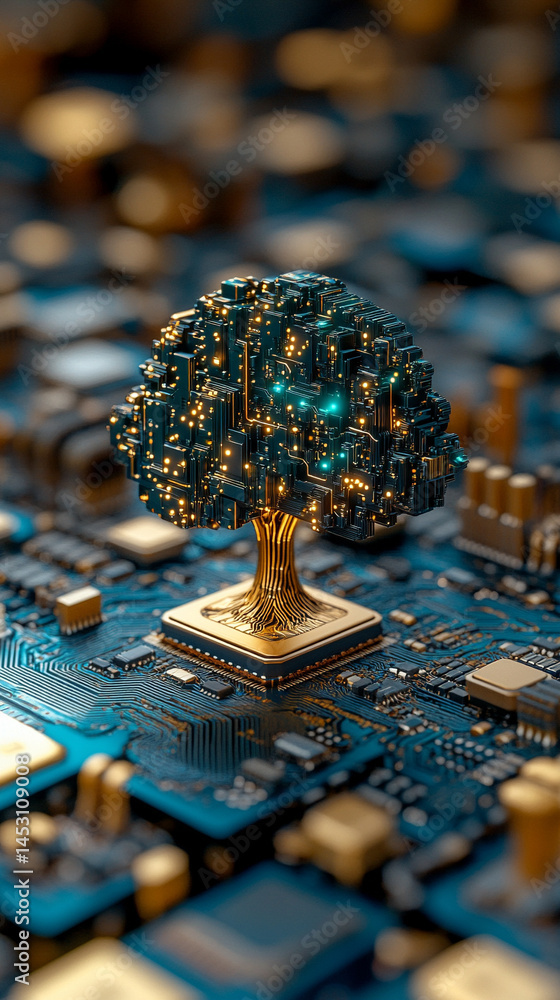 Poster a digital forest with an ai tree featuring circuit board connections, symbolizing the fusion of natu