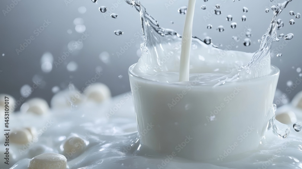 Poster a white milk container splashed with white milk forming a pattern of droplets and froth.
