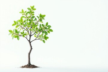 Obraz premium Single young tree, delicate leaves, white backdrop, forest, fragile