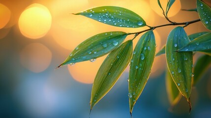 Water droplets on bamboo leaves in warm, soft lighting