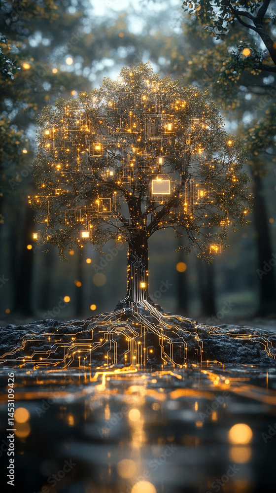 Poster a digital forest with an ai tree featuring circuit board connections, symbolizing the fusion of natu