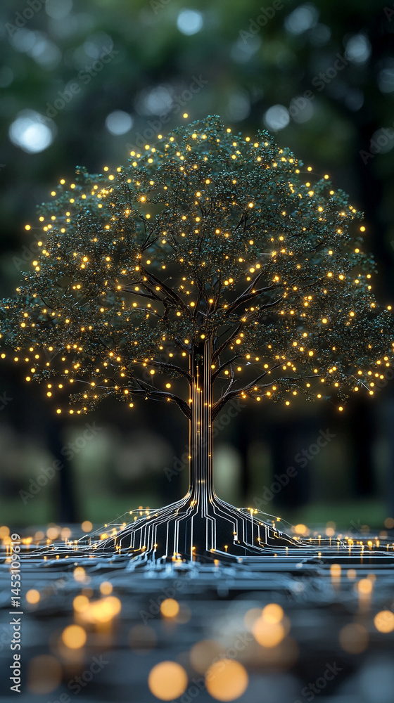 Poster a digital forest with an ai tree featuring circuit board connections, symbolizing the fusion of natu
