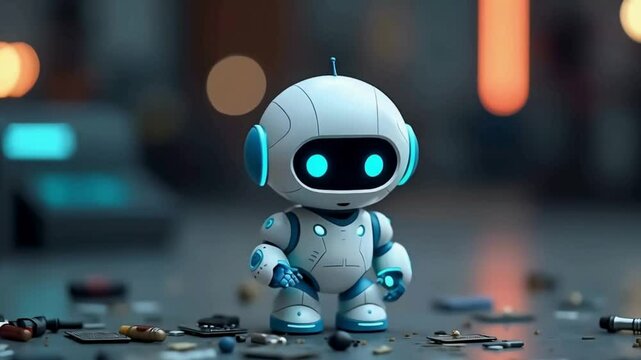 A cute futuristic robot with glowing blue eyes standing among electronics in a tech workspace, in 4K UHD, whimsical style