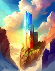 golden tower, fantasy fortress, radiant light, divine structure, epic architecture, mountain spires, glowing clouds, magical sunrise, sunlit stronghold, celestial energy, high fantasy setting