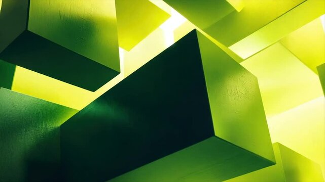 Abstract geometric shapes in vibrant green and yellow tones.  Interlocking cubes create a dynamic and luminous visual display