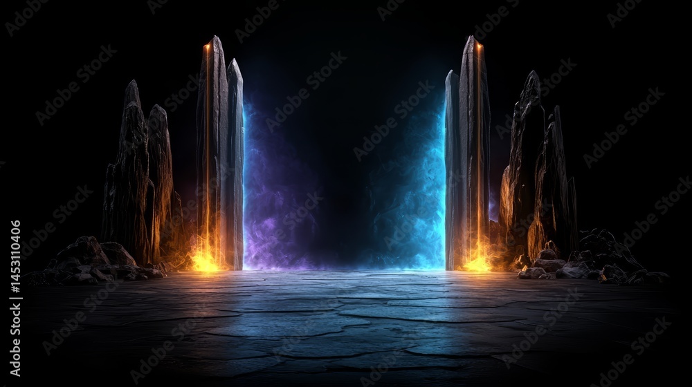 Aufkleber blue and purple tunnel with orange flames on either side. the tunnel is surrounded by rocks and he i