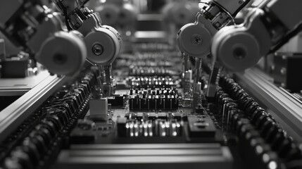Fototapeta premium Automated assembly line of electronic components in a factory.