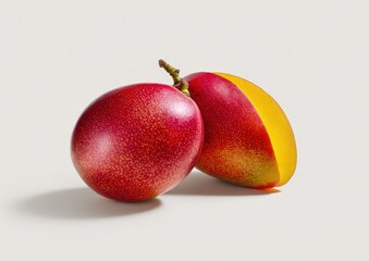 Fototapeta premium Vibrant ripe mango split on pale background.