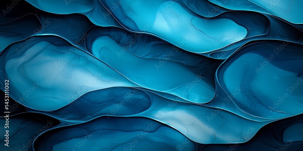 Poster blue and white abstract painting of waves. the painting is made up of many small blue and white shap