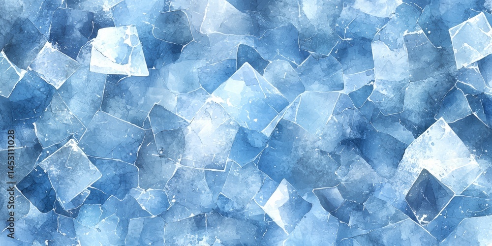 Poster blue and white abstract painting with a lot of squares and triangles. the painting is made up of man