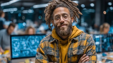 Obraz premium A professional with dreadlocks in a modern office workspace wearing glasses and a plaid shirt